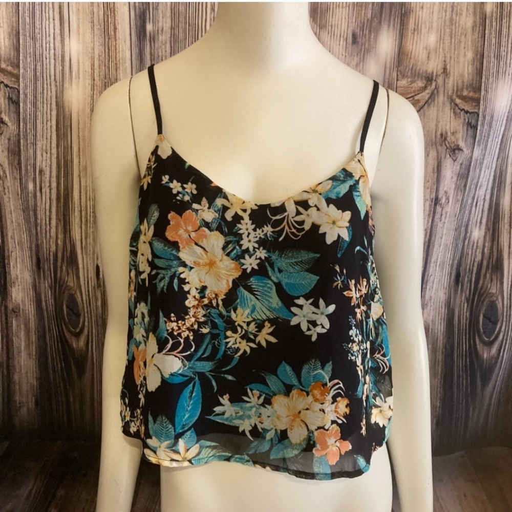 Love Tree | Black Blue Crop Camisole Tank Top Blouse Flowy